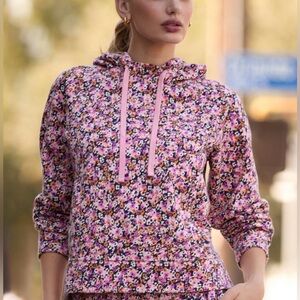 NWT Anthropologie‎ Daily Practice Drawstring Hooded Sweatshirt Floral Pink XXS.